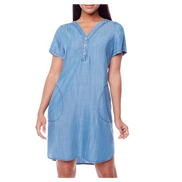 Women's Short V-Neck Denim Dress Size S Button Up Casual Soft Carre Noir NWT - Picture 1 of 4